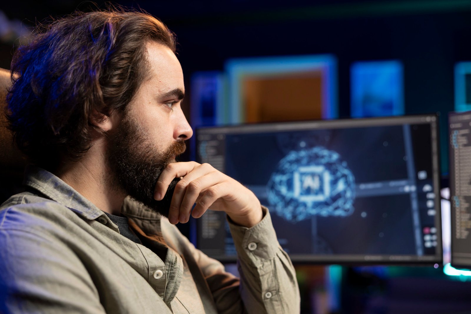 man working with ai deep neural networks desktop pc close up shot scaled